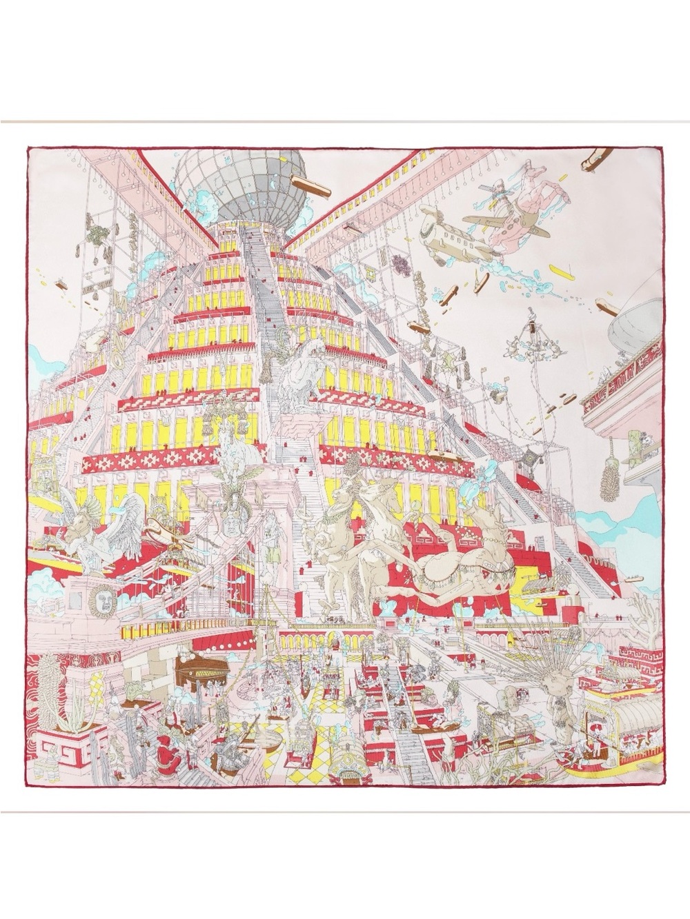 Silk-Inspired Red & Cream Illustrated Square Scarf 024